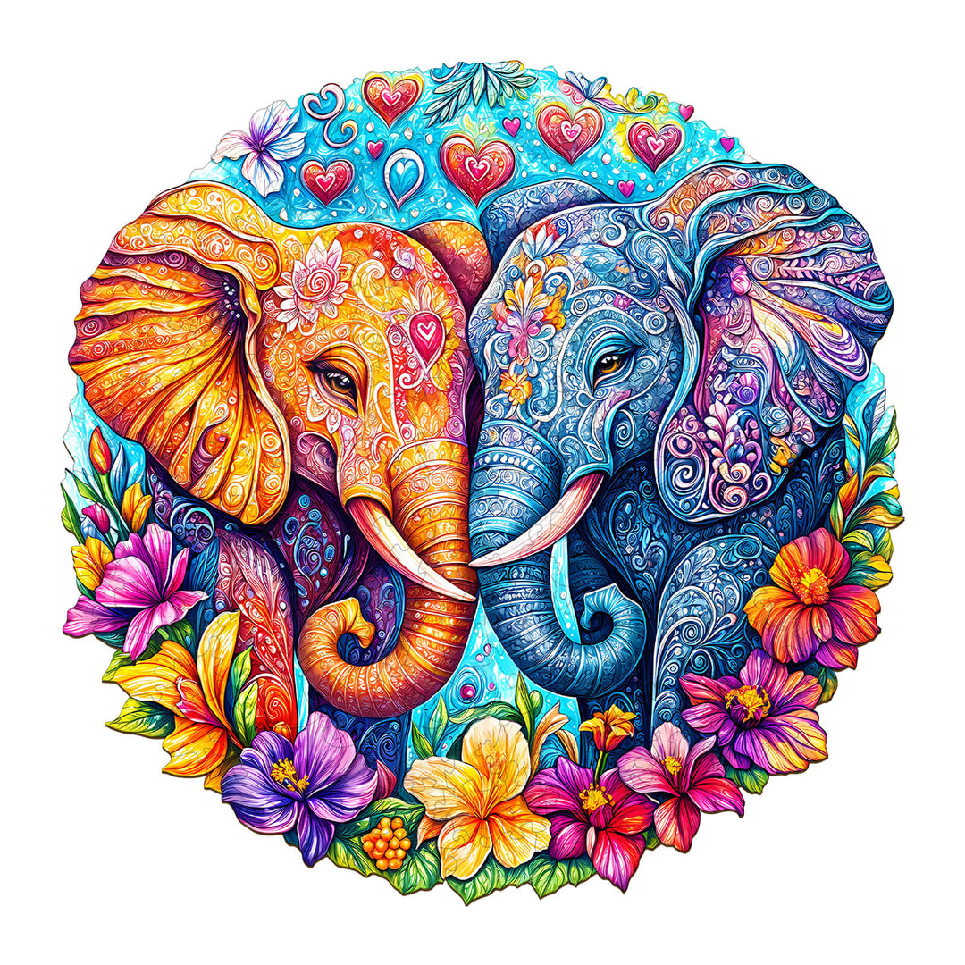 Colorful illustration of two snuggling elephants surrounded by flowers and hearts, perfect for a playful home decor.