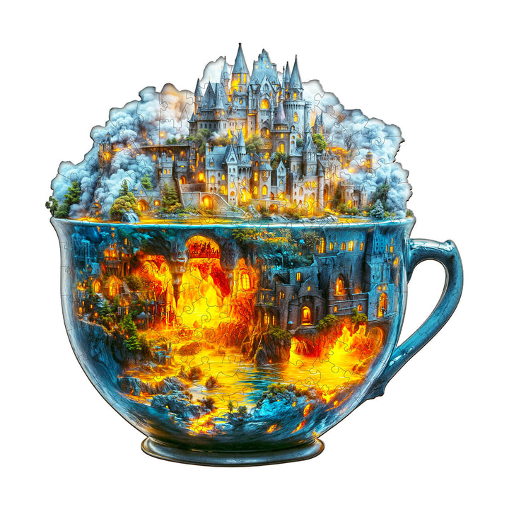 Magic cup-2 wooden jigsaw puzzle featuring a vibrant castle design rising from a magical cup, enhancing focus and problem-solving skills.