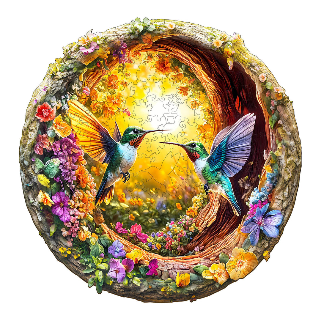 3D Hummingbird in the Cave-2 wooden jigsaw puzzle featuring colorful hummingbirds and vibrant flowers.