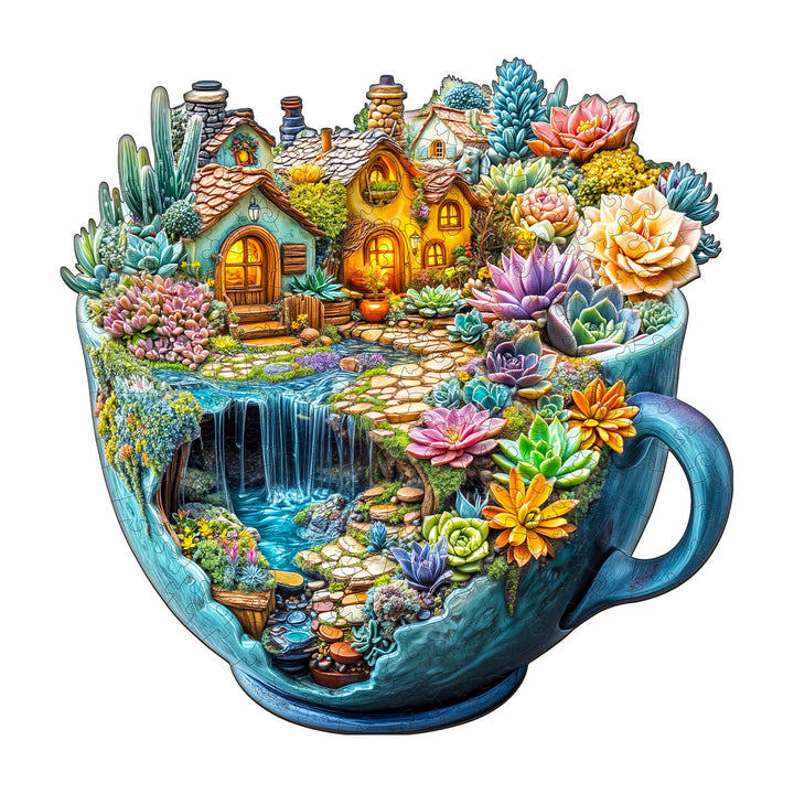 Vibrant Succulent Mug Wooden Jigsaw Puzzle featuring a whimsical cottage scene with lush greenery and a waterfall.