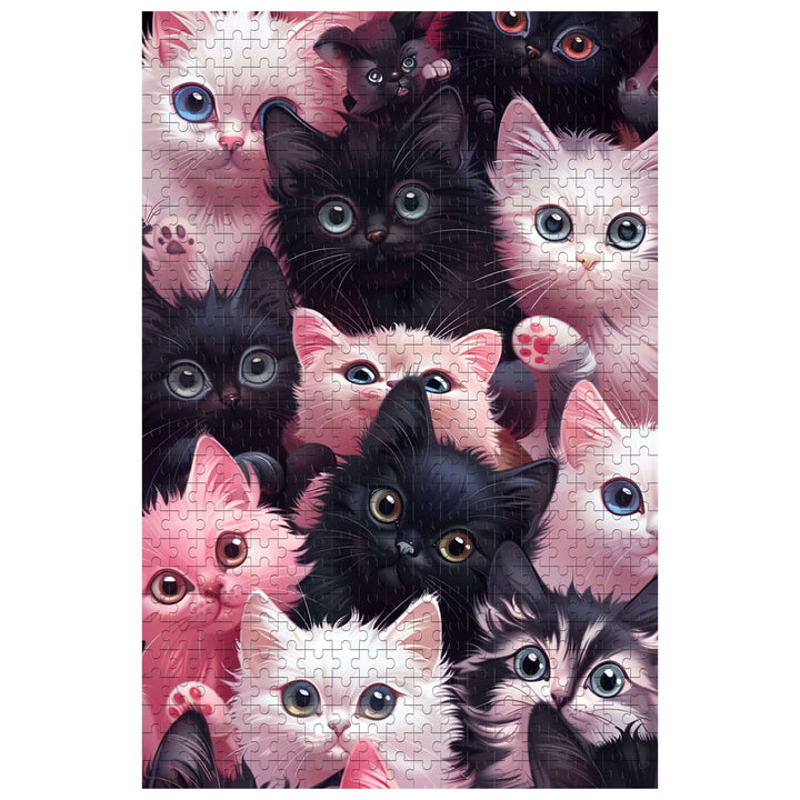 Close-up of cartoon kitten puzzle featuring various adorable kittens in shades of black, pink, and white.