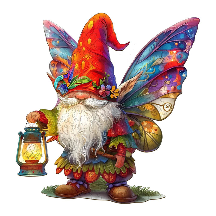 Colorful Christmas gnome with butterfly wings holding a lantern, perfect for a festive jigsaw puzzle.