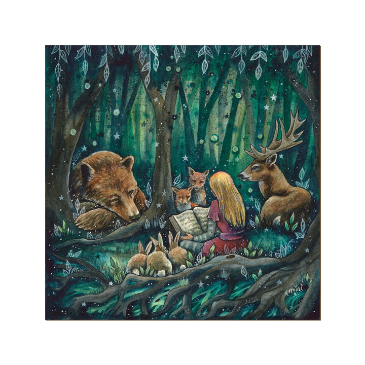 A girl reading a book to woodland animals including a bear, deer, and foxes in a mystical forest scene.