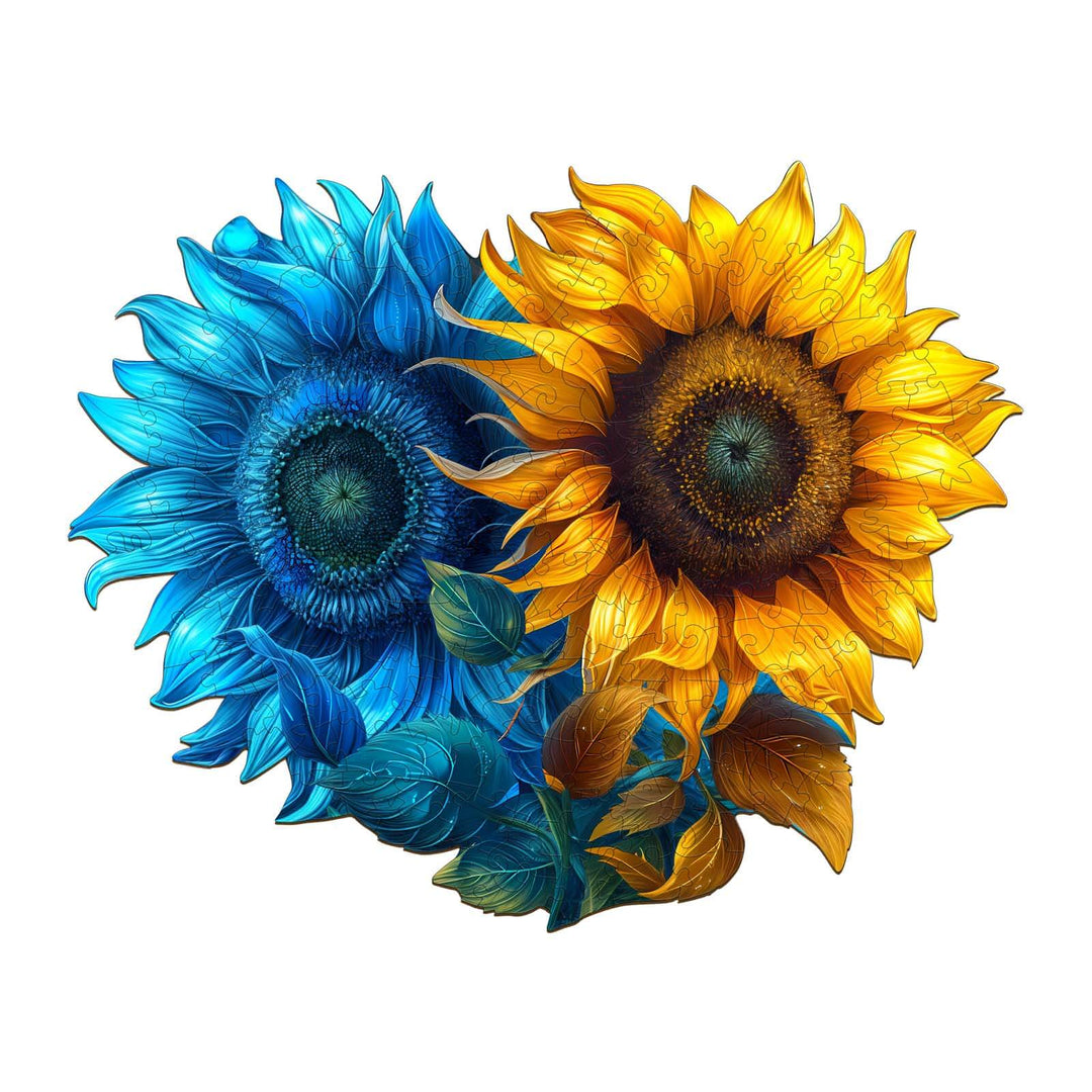 Yin Yang Sunflower wooden jigsaw puzzle featuring vibrant blue and yellow sunflowers, ideal for brain games and focus.