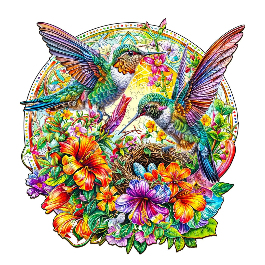 Colorful Hummingbird Haven wooden jigsaw puzzle featuring vibrant flowers and birds, perfect for enhancing focus and creativity.