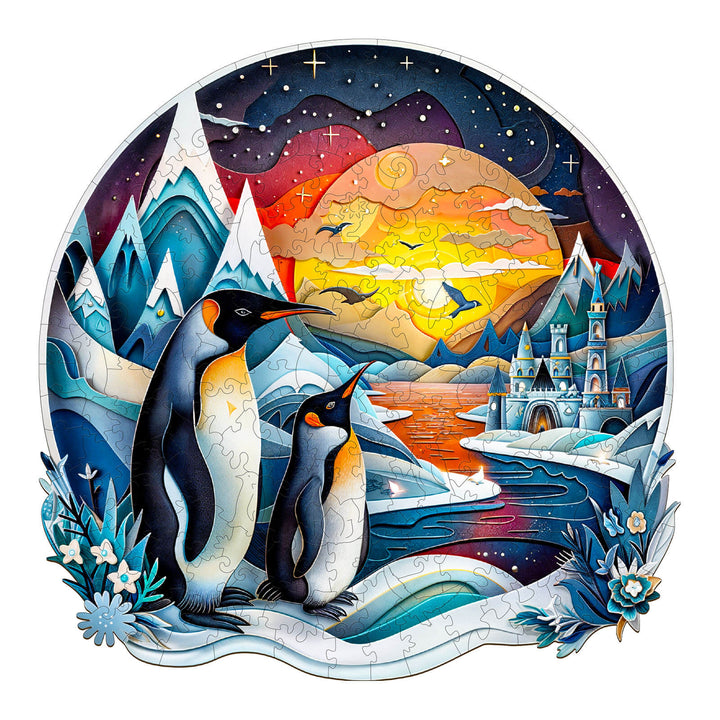 3D penguin family wooden jigsaw puzzle showcasing colorful Arctic scene with sun setting behind mountains.