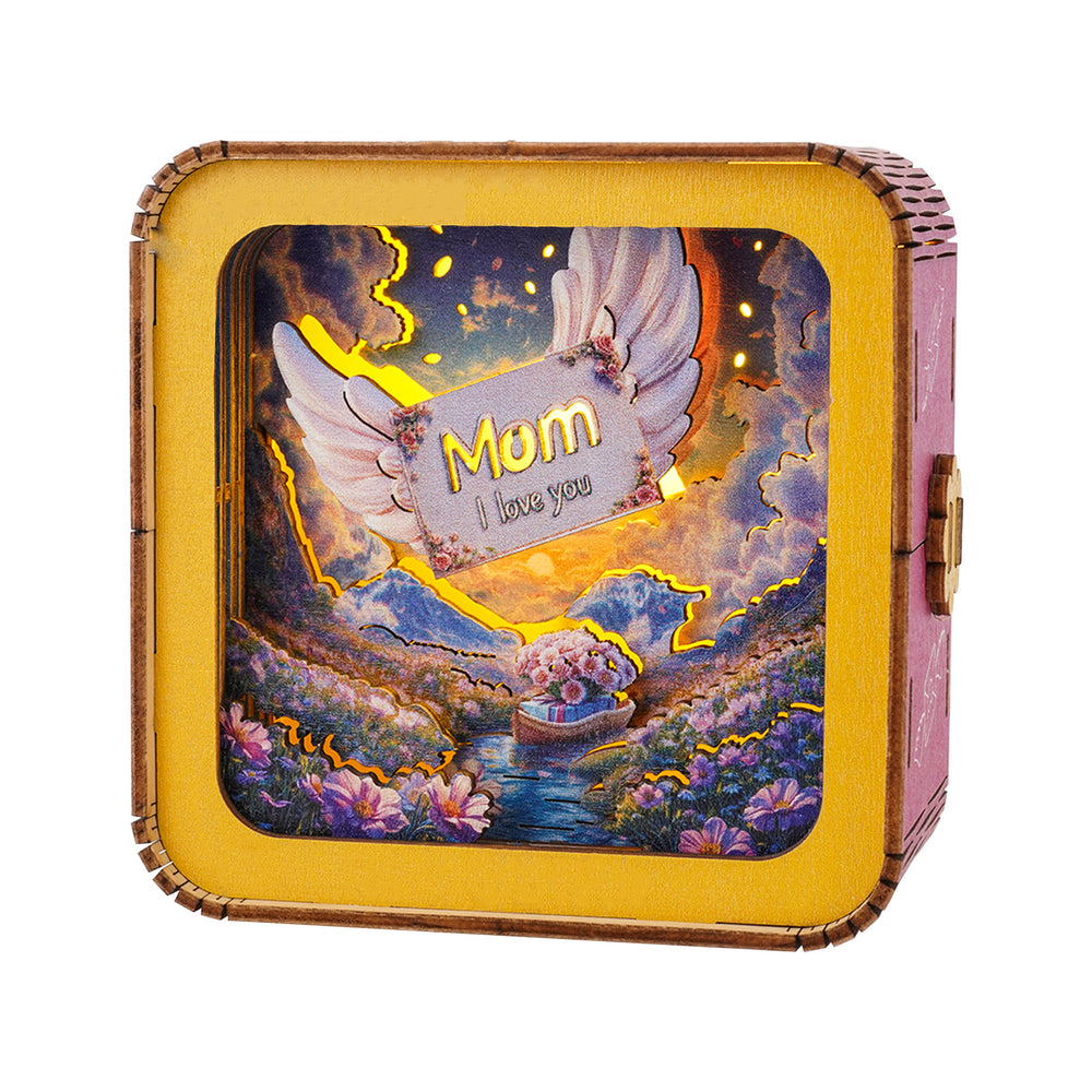 3D wooden puzzle night light featuring a heartfelt 'Mom I love you' design with angel wings and a scenic background.