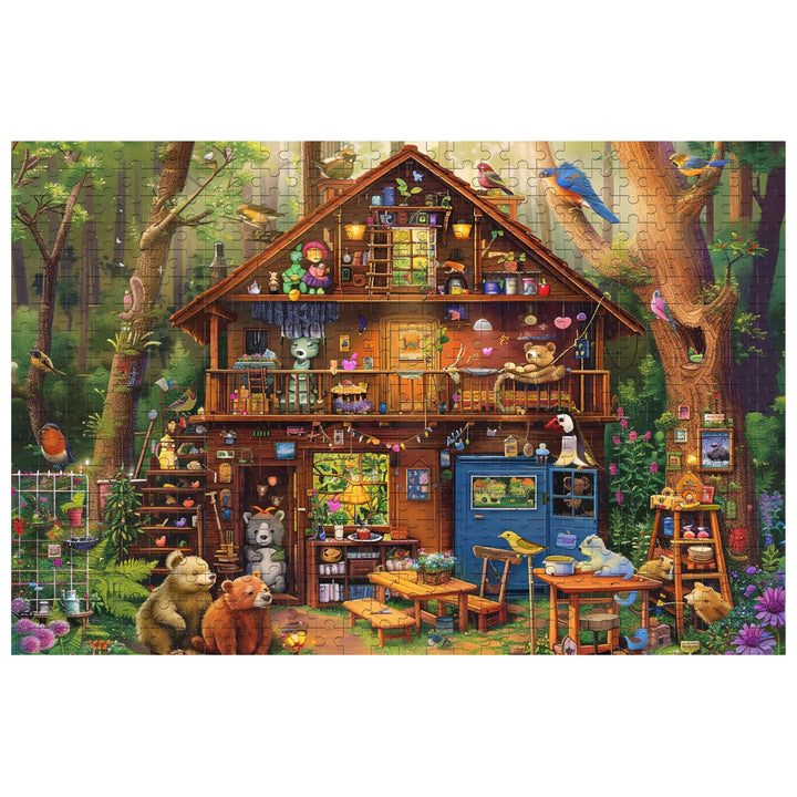 Colorful 500/1000 piece puzzle of a cozy cabin in the woods with animals, perfect for enhancing focus and enjoyment.