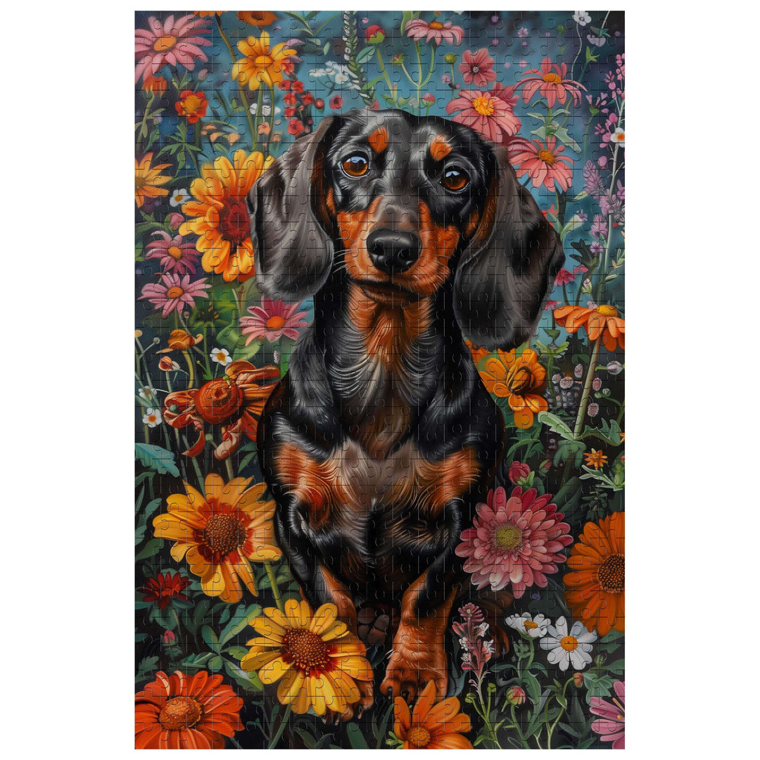 Colorful Dachshund surrounded by vibrant flowers, perfect for a 500/1000 piece jigsaw puzzle experience.