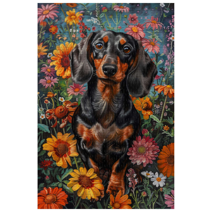 Colorful Dachshund surrounded by vibrant flowers, perfect for a 500/1000 piece jigsaw puzzle experience.