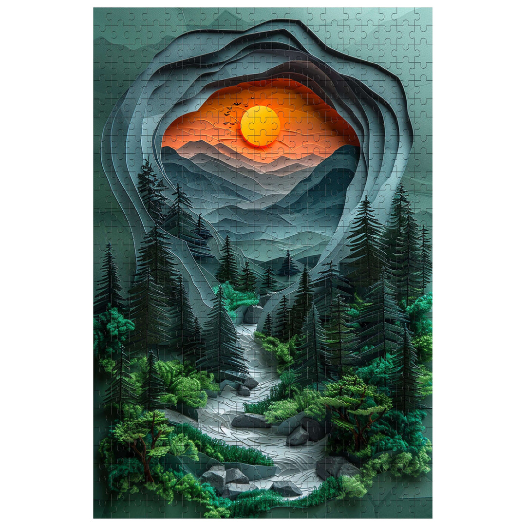 Jungle Sunset 500/1000 piece puzzle featuring a sunset over mountains and a winding river among lush greenery.