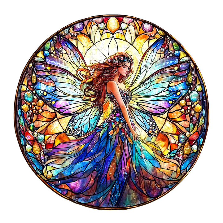 Vibrant stained glass fairy design featuring colorful wings and sparkling details in a circular jigsaw puzzle.