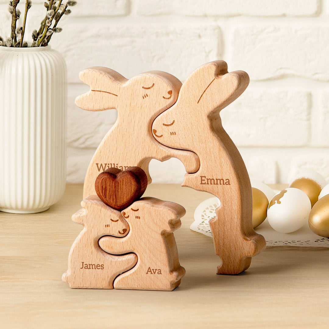Personalized wooden rabbit family name puzzle with carved names and heart shape, perfect for family decor.