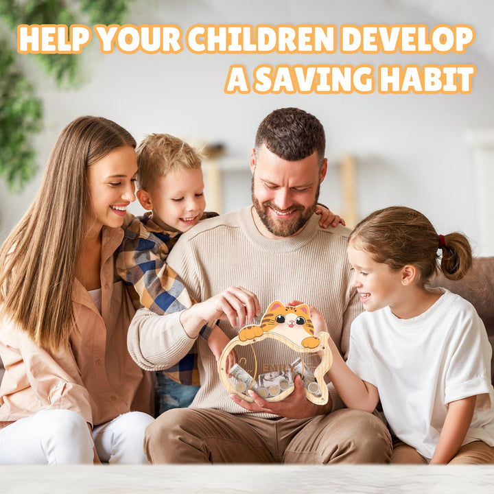 Family enjoying a moment together with a customized kitten-shaped piggy bank to encourage children to save money.