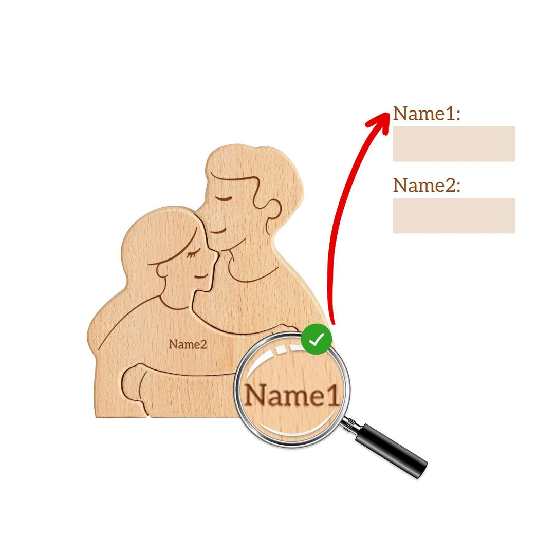 Customized wooden puzzle with names, featuring a couple embracing for personalized family decor.