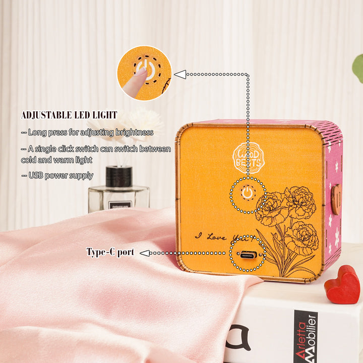 Adjustable LED light features on Carnations For Mom 3D wooden puzzle night light kit with USB power supply.