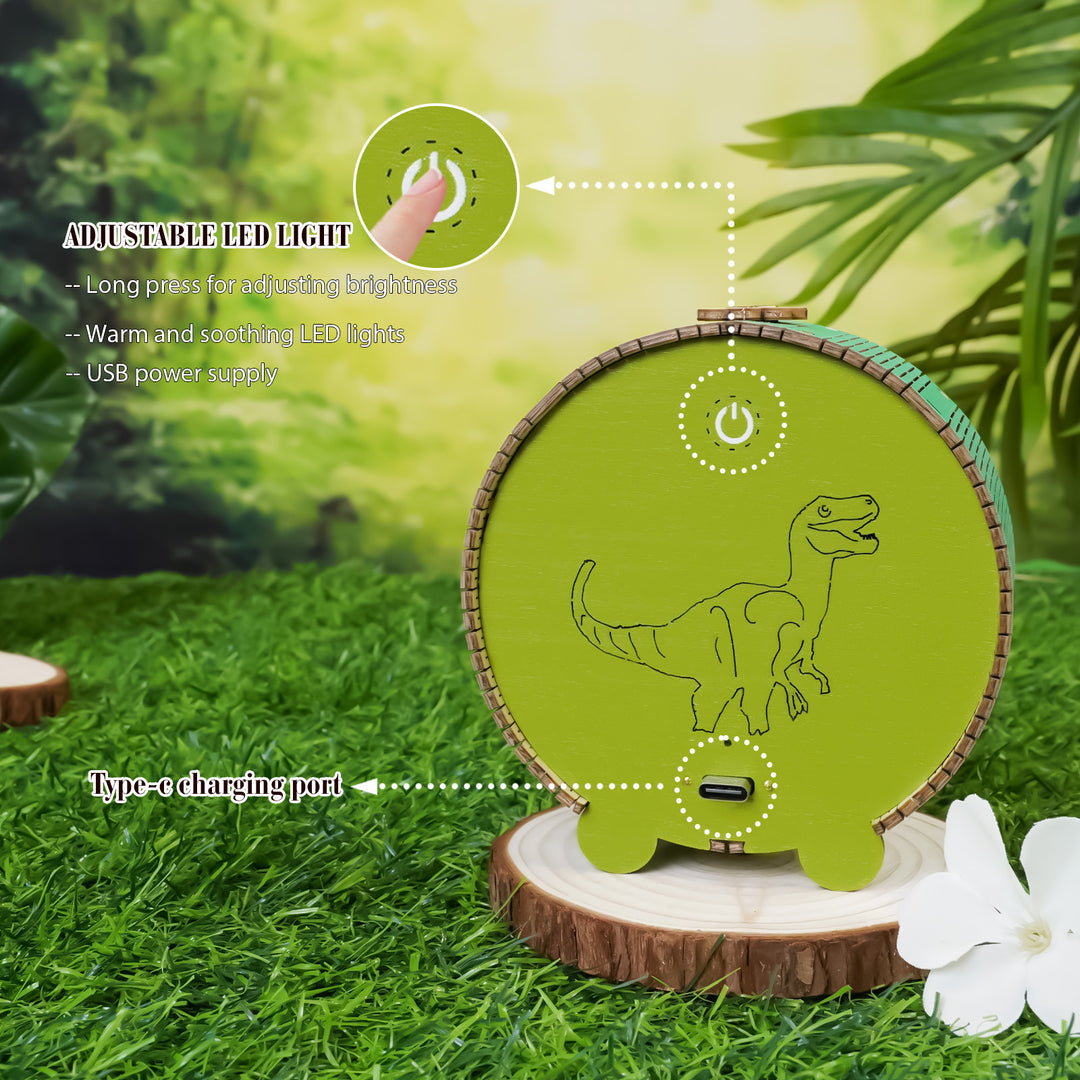 Adjustable LED light dinosaur night light with USB power supply and Type-C charging port, displayed on a wooden stand.