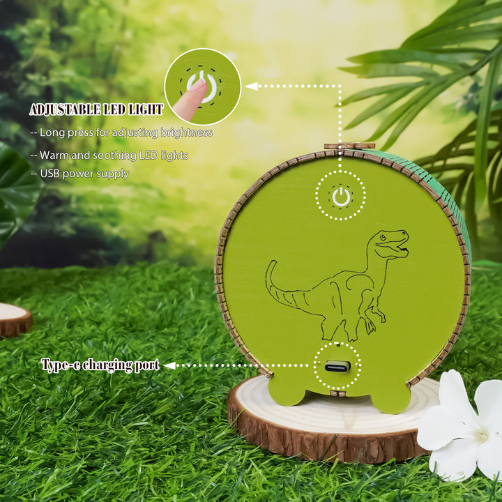 Adjustable LED light dinosaur night light with USB power supply and Type-C charging port, displayed on a wooden stand.