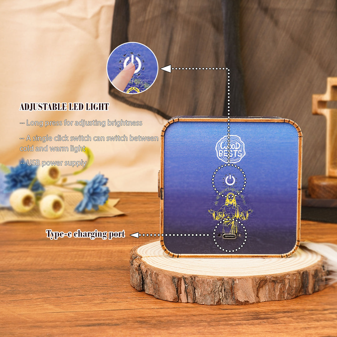 3D wooden Nativity kit night light with adjustable LED settings and USB power supply, displayed on a wooden surface.