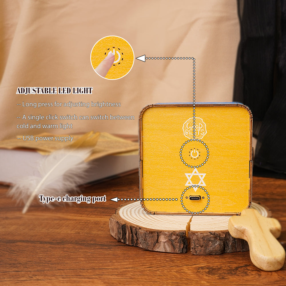 3D Wooden Puzzle Night Light features adjustable LED brightness, USB power supply, and Type-C charging port for convenience.