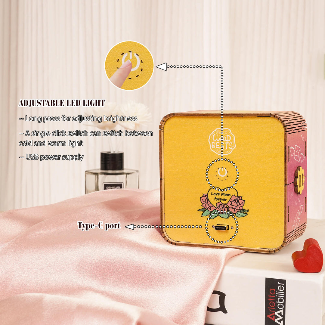 Close-up of the adjustable LED light features on a 3D wooden puzzle night light kit, highlighting USB and brightness controls.