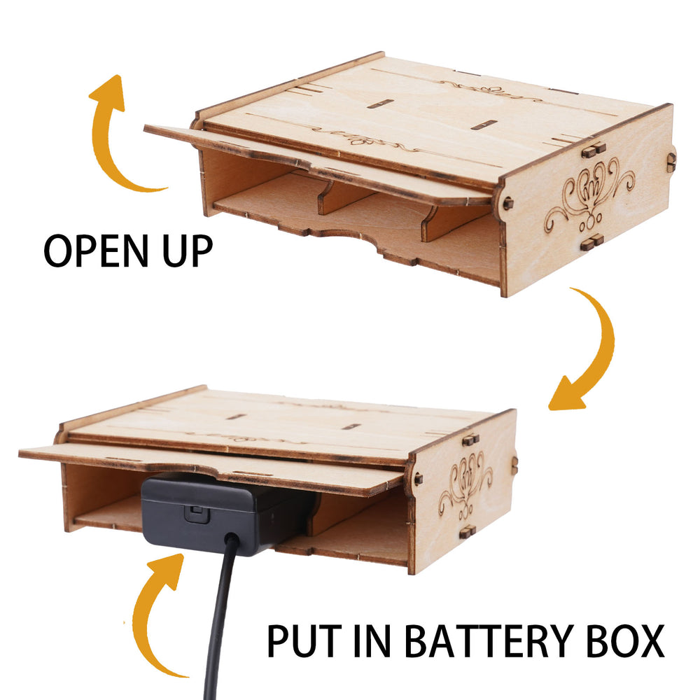 Guide to install an external power supply: open the wooden base and insert batteries into the battery box.