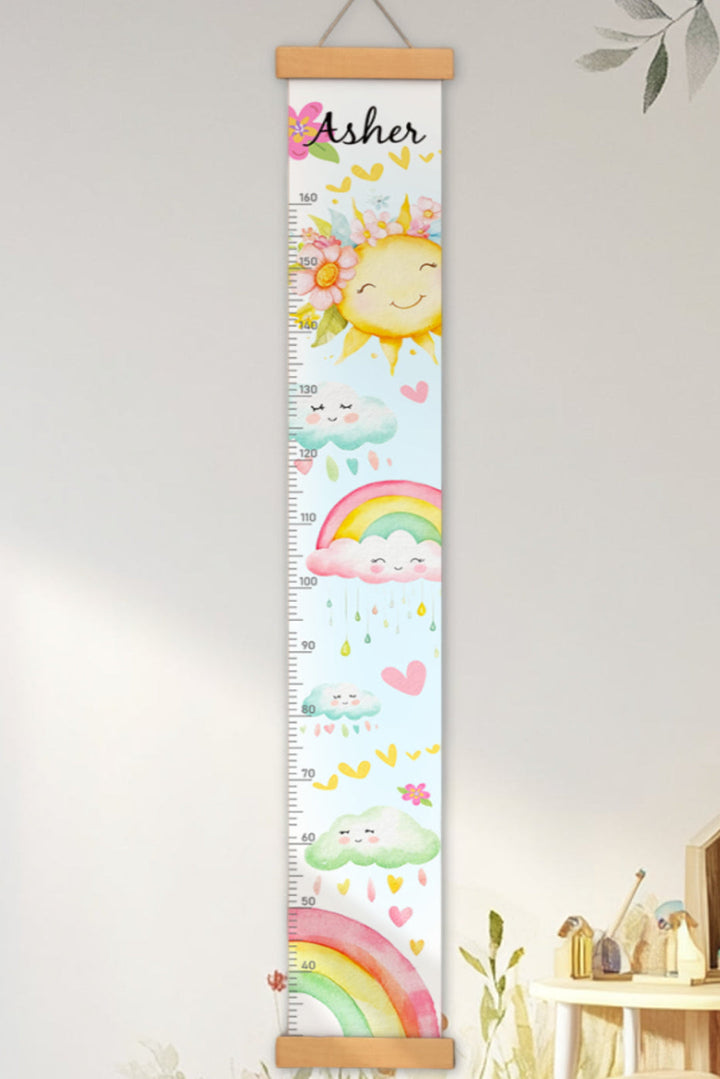 Règle de hauteur personnalisée en toile suspendue avec soleil et arc-en-ciel