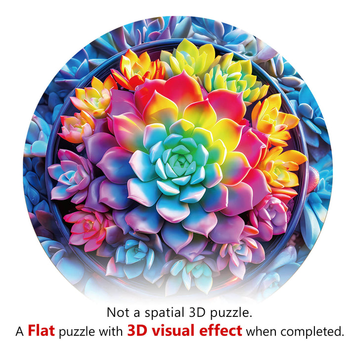 Colorful 3D visual effect of succulent plants in a circular puzzle design, showcasing vibrant, detailed patterns.