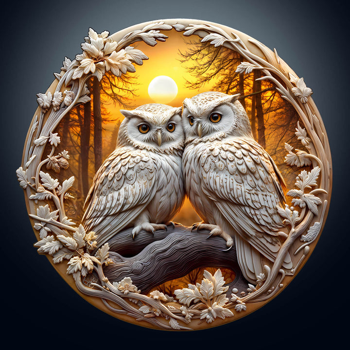 3D Owl-3 Wooden Jigsaw Puzzle featuring intricately carved owls in a serene forest setting with a glowing sunset.