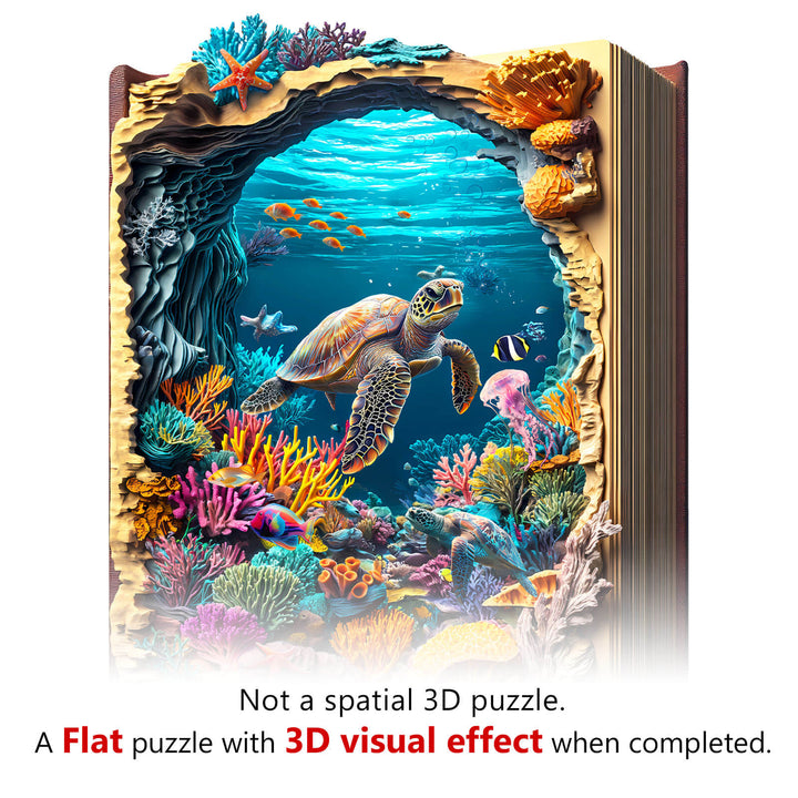 3D Deep Blue Wooden Jigsaw Puzzle depicting a vibrant underwater scene with a turtle and coral reefs.
