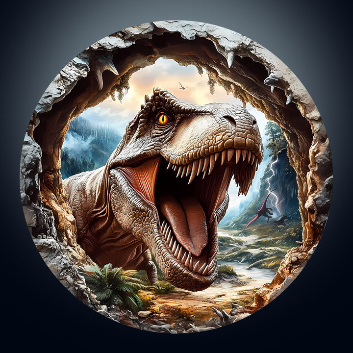 Realistic 3D illustration of a roaring T-Rex emerging from a cave, showcasing a vibrant prehistoric landscape.
