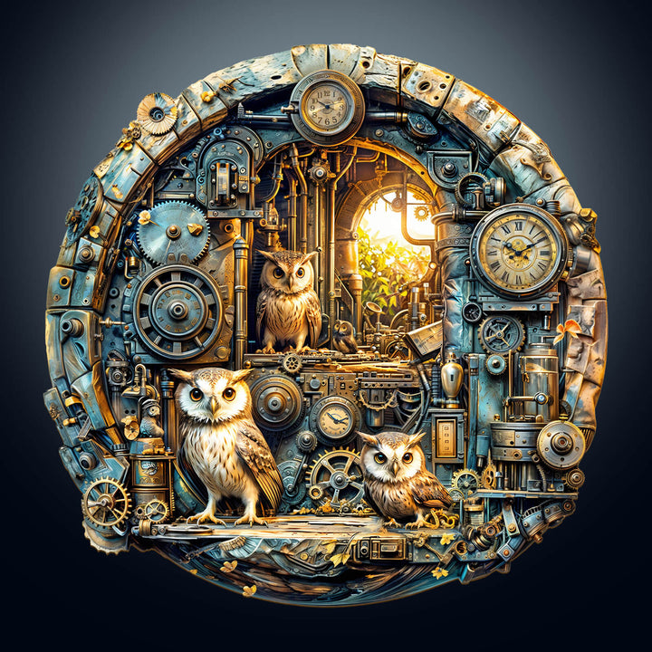 Steampunk Owl wooden jigsaw puzzle featuring intricately designed owls and gears in a vintage style.