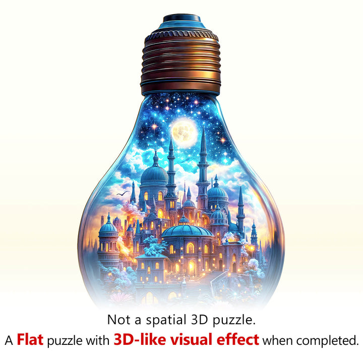 Moonlit Realm Wooden Jigsaw Puzzle image featuring a light bulb with a cityscape and 3D visual effect.