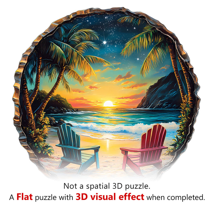 3D Sunset Beach Wooden Jigsaw Puzzle featuring two chairs and a vibrant beach scene at sunset.