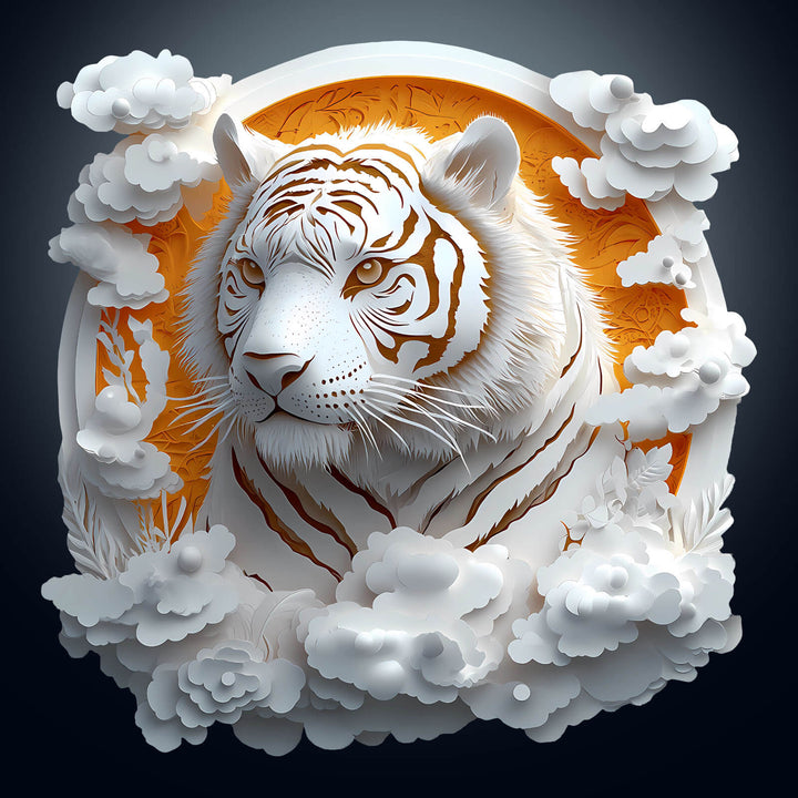 3D Paper Tiger jigsaw puzzle design showcasing a majestic tiger surrounded by clouds and flowers, perfect for mind games.