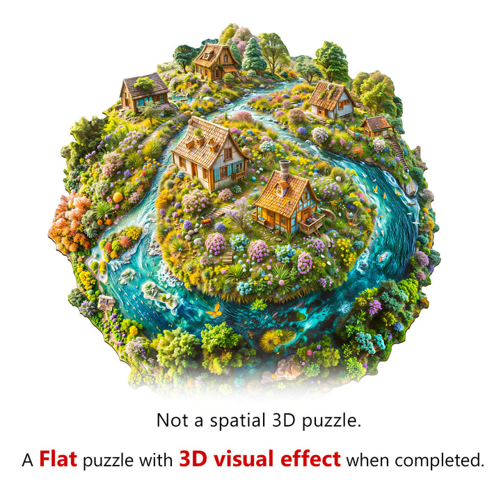 Flat puzzle featuring a 3D visual effect, showcasing serene countryside with houses and river.