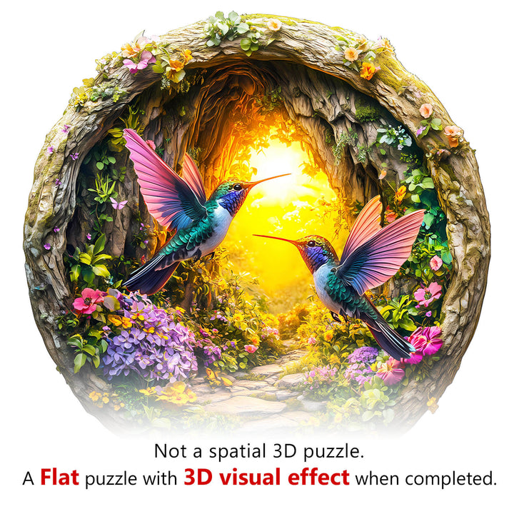 3D Hummingbird in the Cave-1 wooden jigsaw puzzle showcasing vibrant hummingbirds in a floral setting.