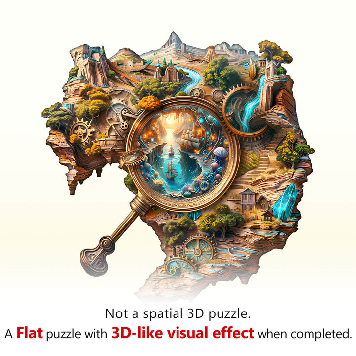 Explorer's World-1 wooden jigsaw puzzle featuring a flat design with 3D-like visual effects when completed.