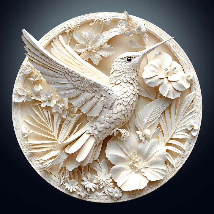 3D Paper Hummingbird-2 wooden jigsaw puzzle, crafted with intricate floral designs and a majestic hummingbird centerpiece.