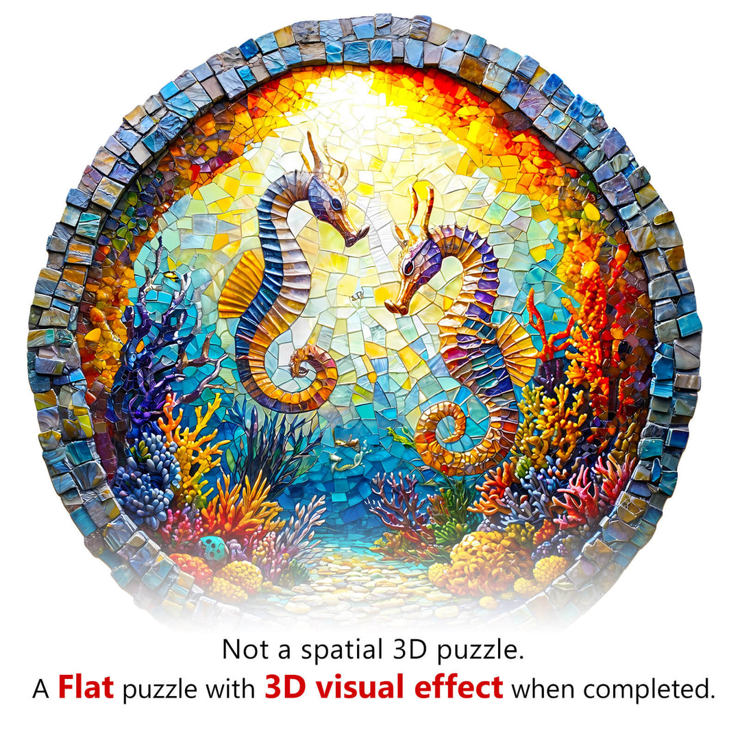 3D Seahorses in Harmony wooden jigsaw puzzle creating a vibrant underwater scene with colorful seahorses and coral.