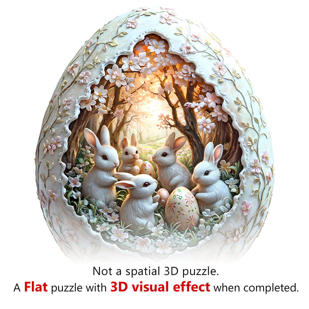 3D Eggshell world Easter-2 puzzle featuring adorable bunnies among flowers, perfect for brain training and focus.