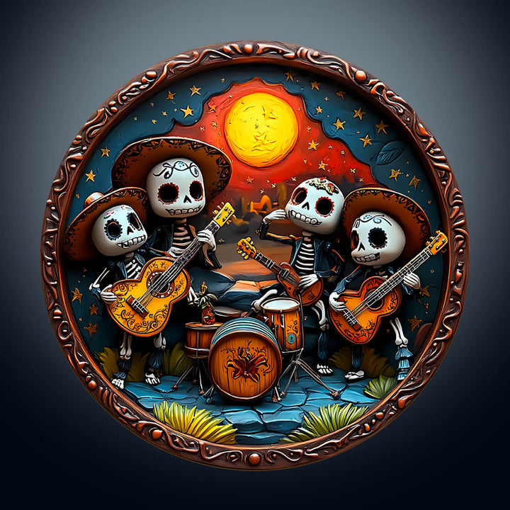 Colorful 3D Mexican Bands jigsaw puzzle featuring skeleton musicians under a vibrant moonlit sky.