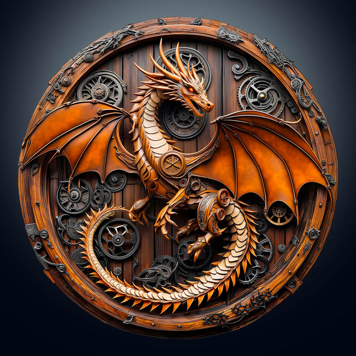 3D Mechanical Dragon-1 wooden jigsaw puzzle featuring intricate gear designs and detailed dragon artwork.
