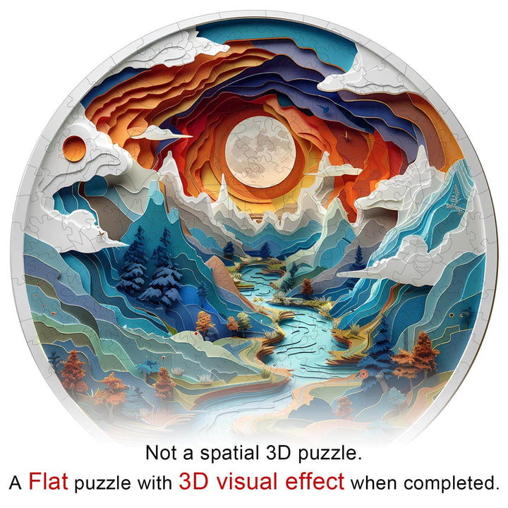 Colorful 3D visual effect jigsaw puzzle depicting a scenic mountain landscape with a river and stylized sky.