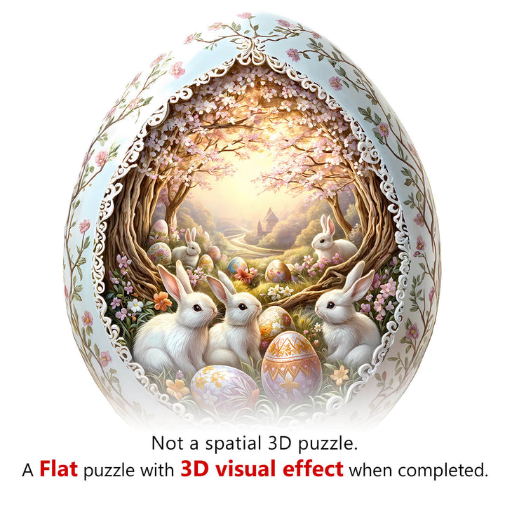 Wonderland Easter-6 wooden jigsaw puzzle featuring rabbits and eggs, offering a unique flat design with 3D visual effect.