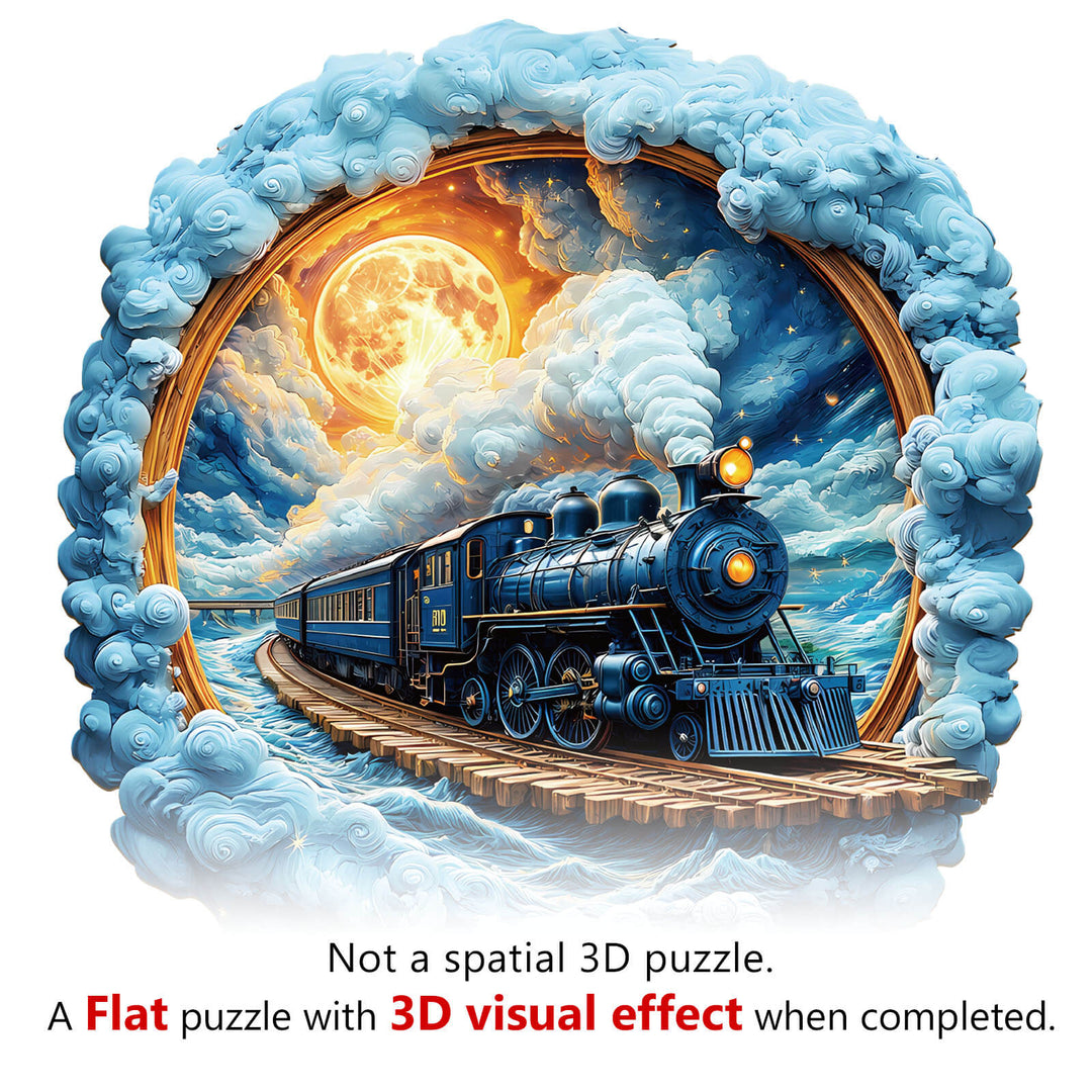 Colorful illustration of a steam train on a circular puzzle depicting a night sky and clouds, showcasing 3D visual effects.