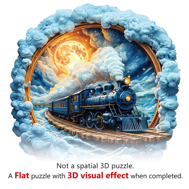 Colorful illustration of a steam train on a circular puzzle depicting a night sky and clouds, showcasing 3D visual effects.