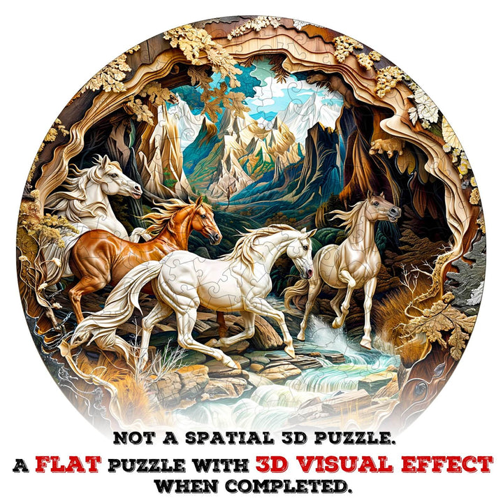 3D Horse wooden jigsaw puzzle featuring vibrant horses and scenic mountain background with 3D visual effect when completed.