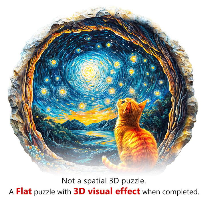 3D Starry Dream Wooden Jigsaw Puzzle featuring a cat and a starry sky, showcasing a stunning visual effect when completed.