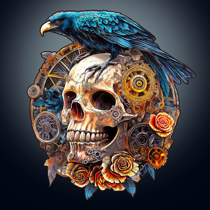 3D Mechanical Skull & Raven Wooden Jigsaw Puzzle, featuring intricate details, gears, and vibrant roses for a unique puzzle experience.